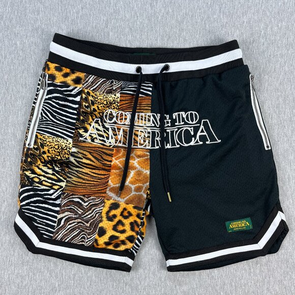 Shoe Palace Coming To America Shorts Mens L Black Animal Print Patchwork Mesh - Picture 1 of 12